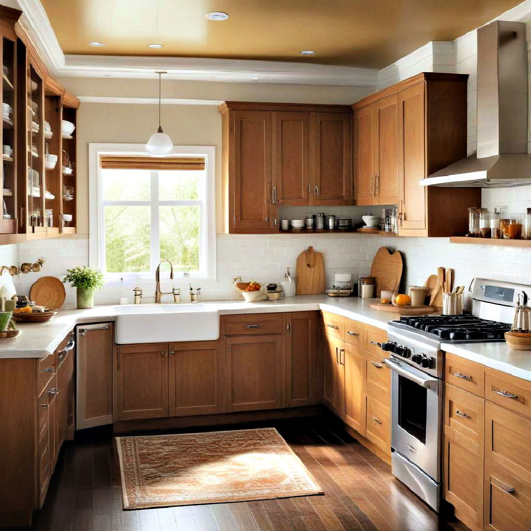 honey brown cabinets to create welcoming atmosphere - 40 Painted Kitchen Cabinet Ideas