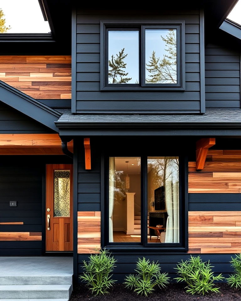 horizontal wood slats for black siding house - 30 Black Siding House Ideas