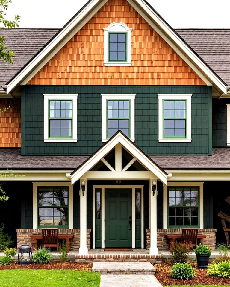 hunter green and cedar shingles combo - 25 Farmhouse Green Exterior Home Ideas