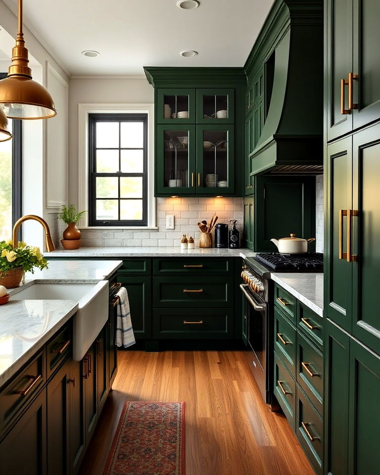 hunter green kitchen cabinets with brass hardware - 40 Dark Green Kitchen Ideas