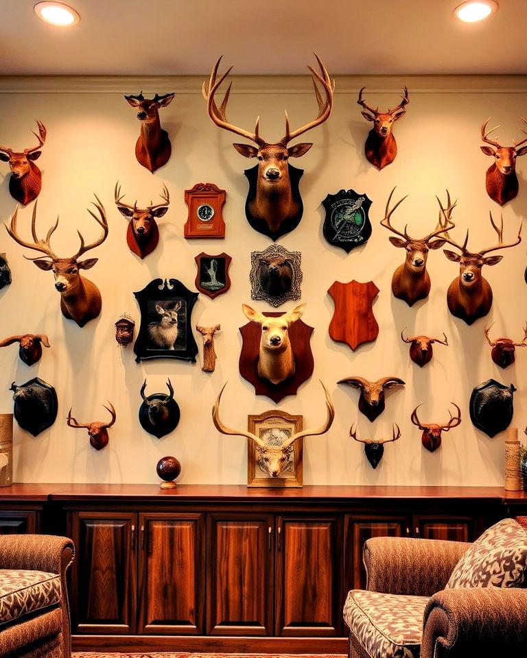 hunting room with trophy wall display - 25 Hunting Room Ideas