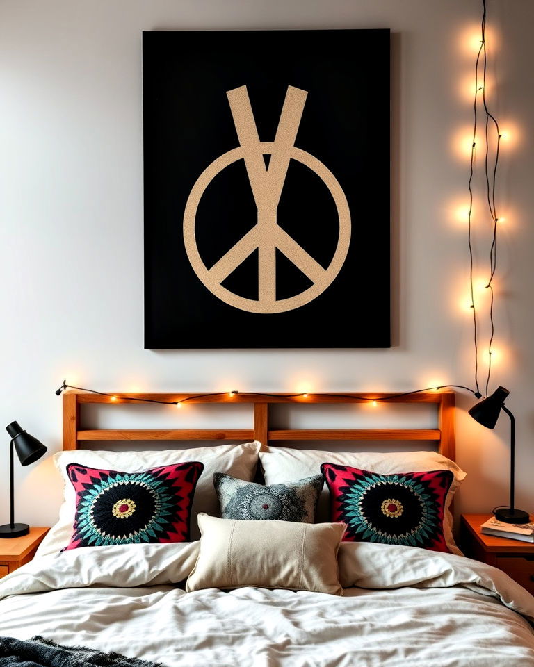 iconic peace symbol decor - 25 Hippie Bedroom Ideas