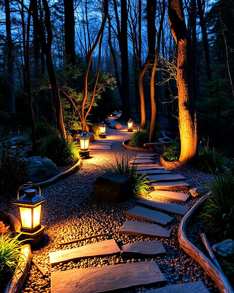 illuminated woodland garden path - 20 Woodland Garden Path Ideas