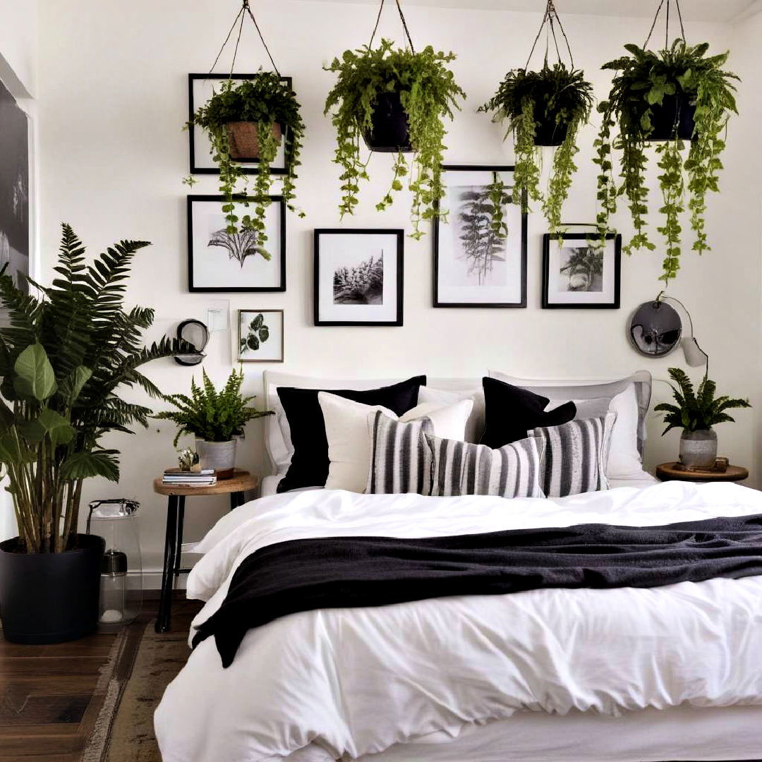 incorporate nature with greenery - 40 Black and White Bedroom Ideas