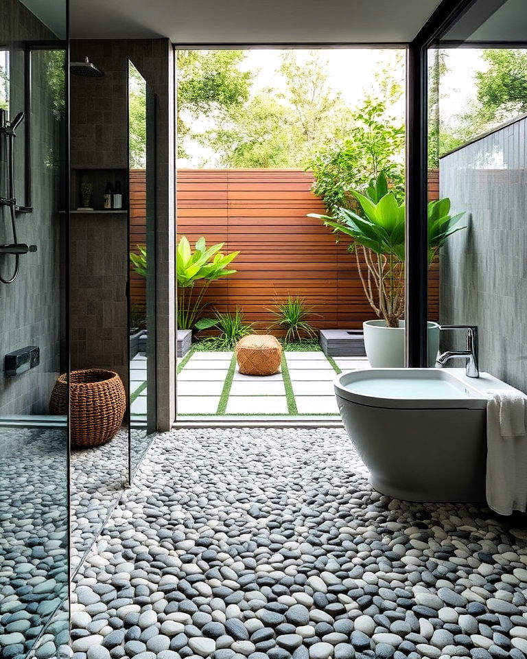 indoor outdoor connection with pebble tile - 20 Pebble Tile Bathroom Ideas