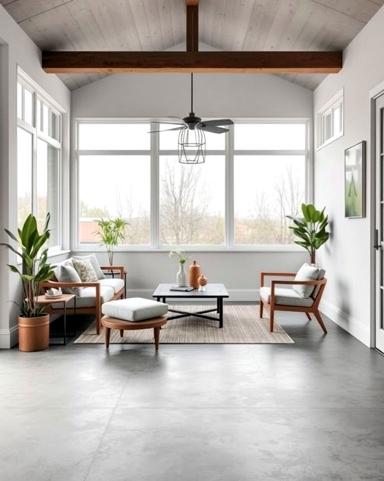 industrial aesthetic concrete look floor tiles - 15 Sunroom Tile Floor Ideas
