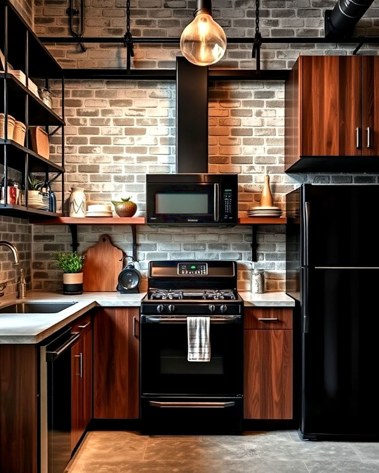 industrial aesthetic small kitchen with black appliances - 20 Small Kitchen with Black Appliances Ideas