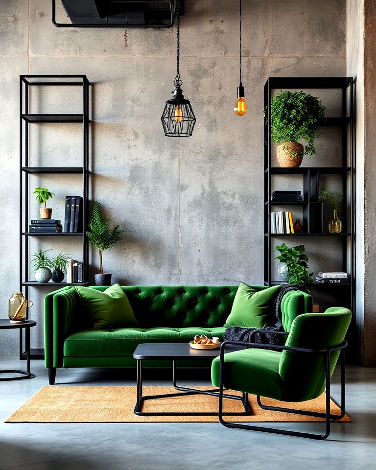 industrial black and green with concrete details - 30 Black and Green Living Room Ideas