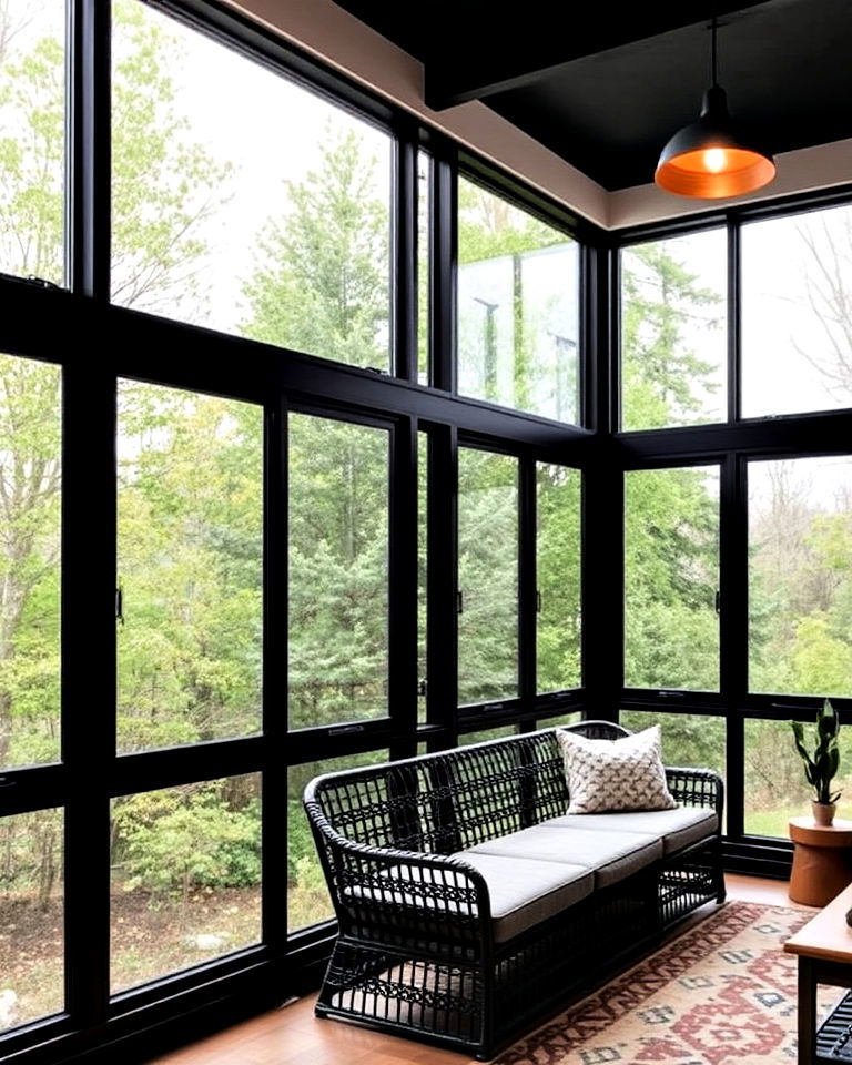 industrial black framed sunroom windows - 20 Black Sunroom Ideas