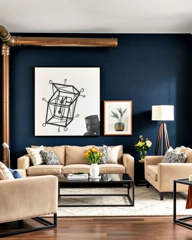 industrial blue and beige combo - 20 Blue and Beige Living Room Ideas