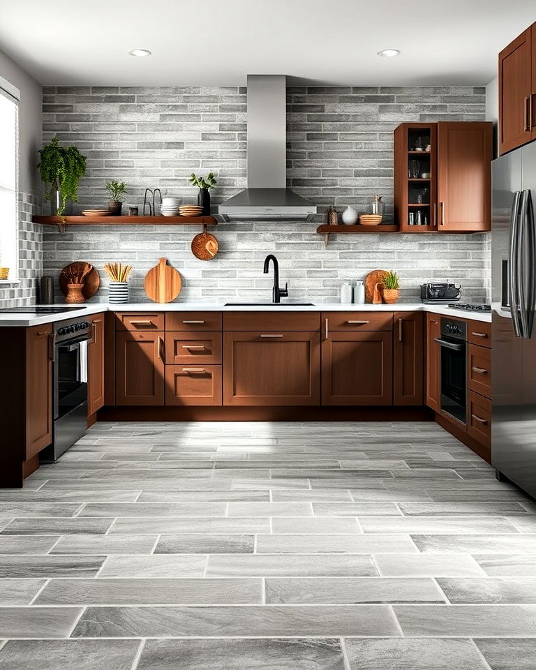 industrial charm with grey brick look floor tiles - 20 Kitchens With Grey Floors