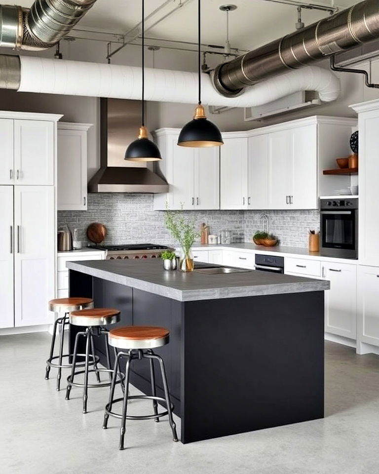 industrial chic black kitchen island with white cabinets - 20 White Kitchen Ideas With Black Island