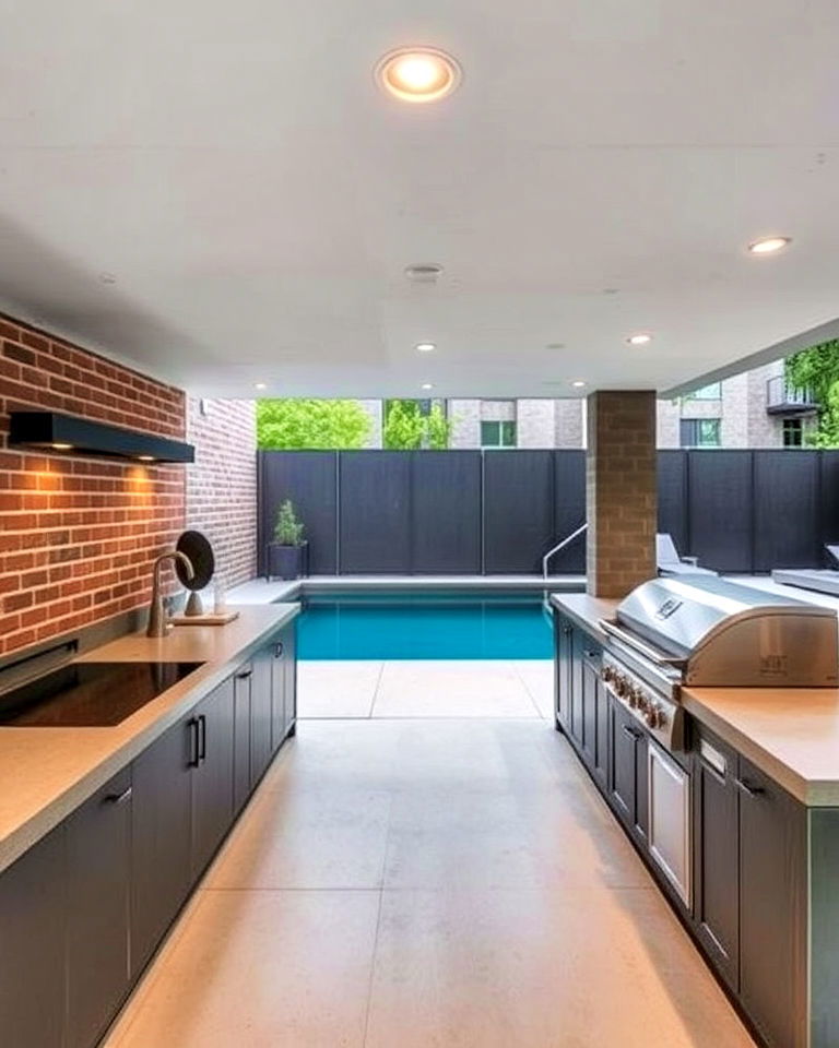 industrial chic look pool house kitchen - 20 Pool House With Outdoor Kitchen Ideas