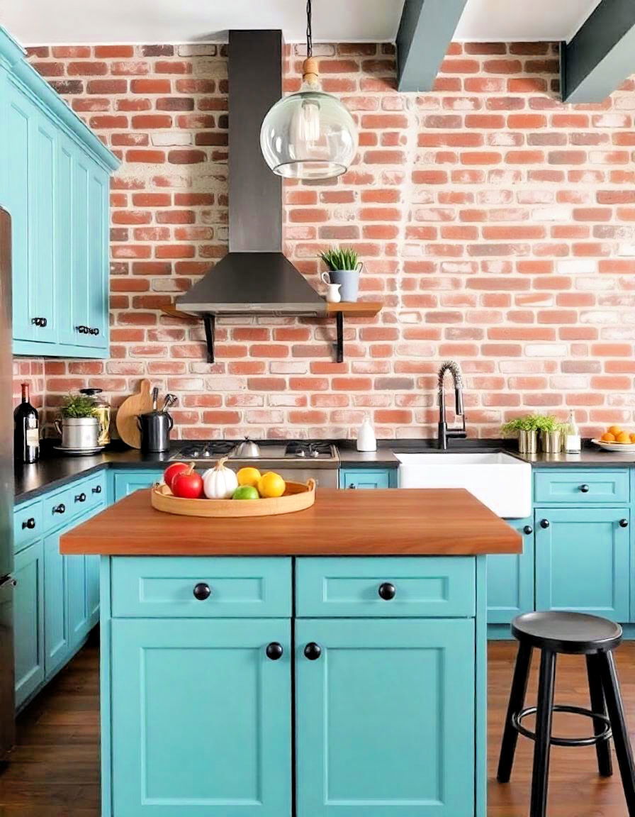 industrial chic teal with open brick walls - 20 Teal Kitchen Ideas