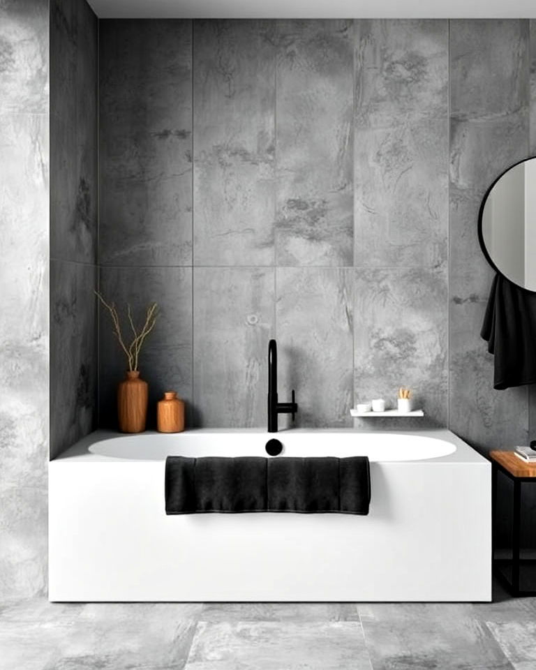 industrial concrete look tiles around bathtub - 40 Bathtub Tile Ideas