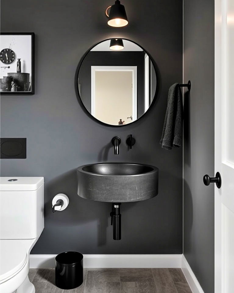 industrial edge black concrete sink - 25 Black Powder Room Ideas
