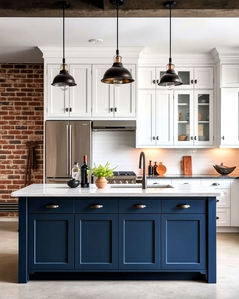 industrial edge white kitchen cabinet and dark blue island - 30 White Kitchen Cabinets With Blue Island