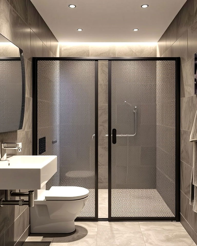 industrial flair with metal mesh partition - 20 Bathroom Partition Ideas