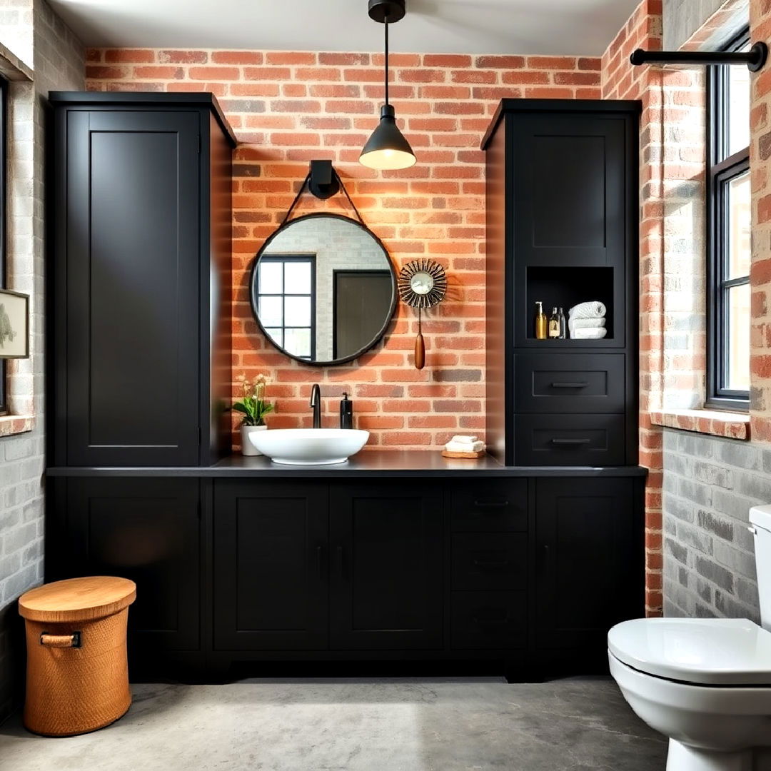 industrial inspired bathroom with black cabinets - 25 Bathroom With Black Cabinets Ideas