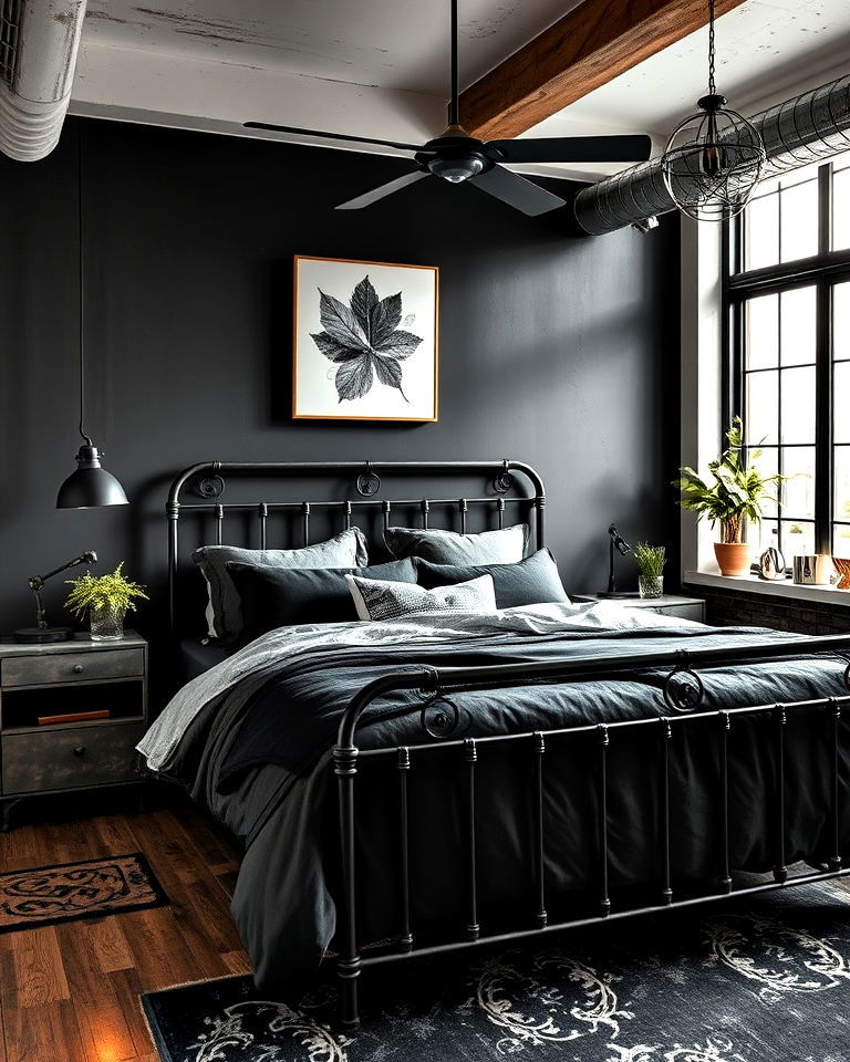 industrial inspired charcoal and metal decor - 15 Charcoal Bedroom Ideas
