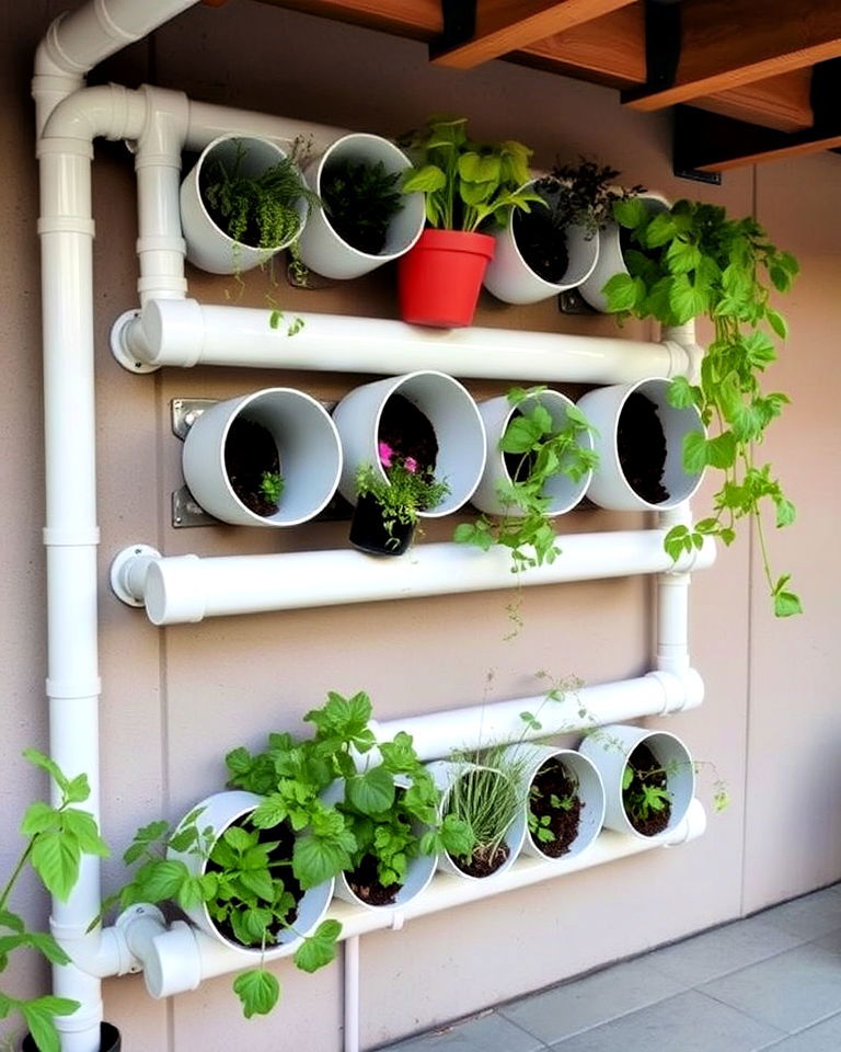 industrial inspired vertical garden with pvc pipes - 40 Vertical Garden Ideas