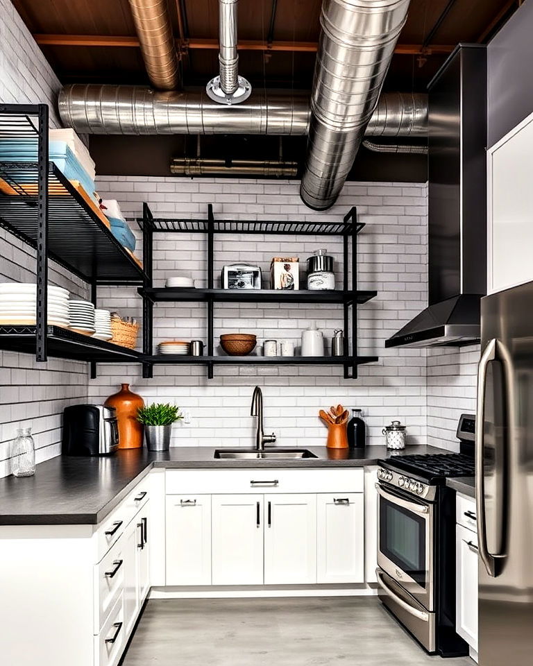 industrial inspired white kitchen - 25 White Kitchen with Stainless Steel Appliances Ideas