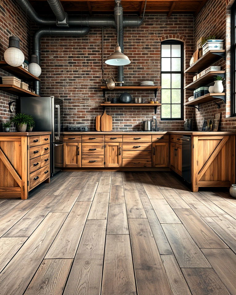 industrial kitchen with distressed wood floor - 15 Kitchens With Wood Floors