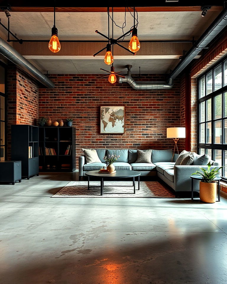 industrial lighting accents with concrete floor - 20 Concrete Floor Living Room Ideas