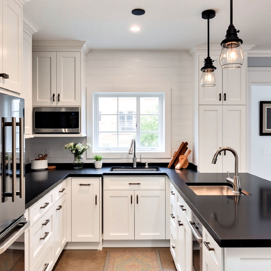 industrial lighting for white kitchen with black countertops - 40 White Kitchen With Black Countertops Ideas