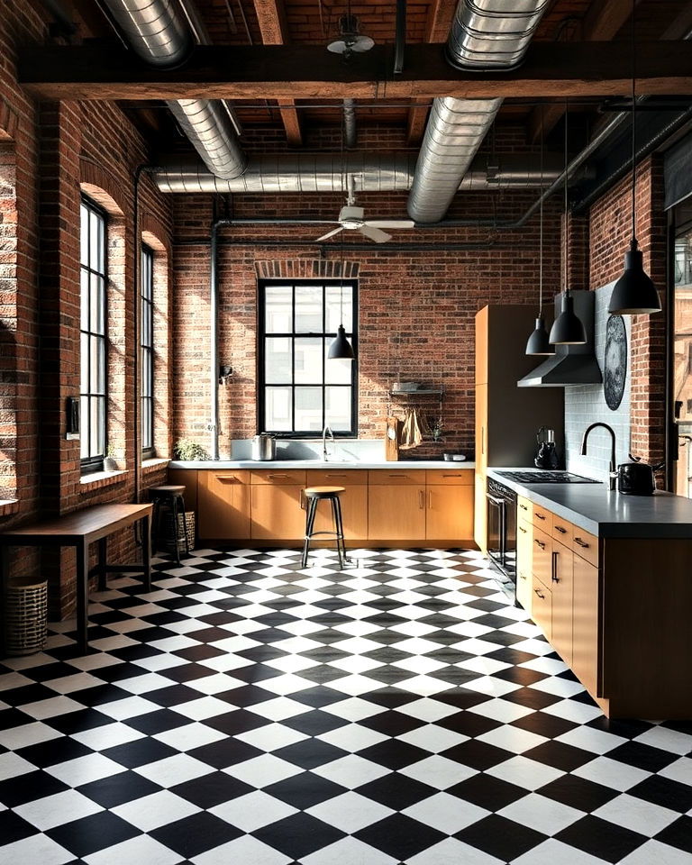 industrial loft vibe kitchen - 25 Kitchens With Checkered Floors