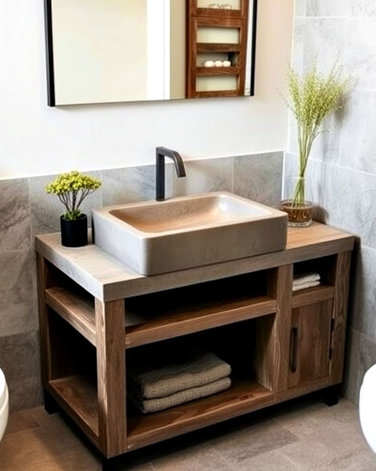 industrial look concrete sinks with integrated storage - 30 Concrete Bathroom Ideas