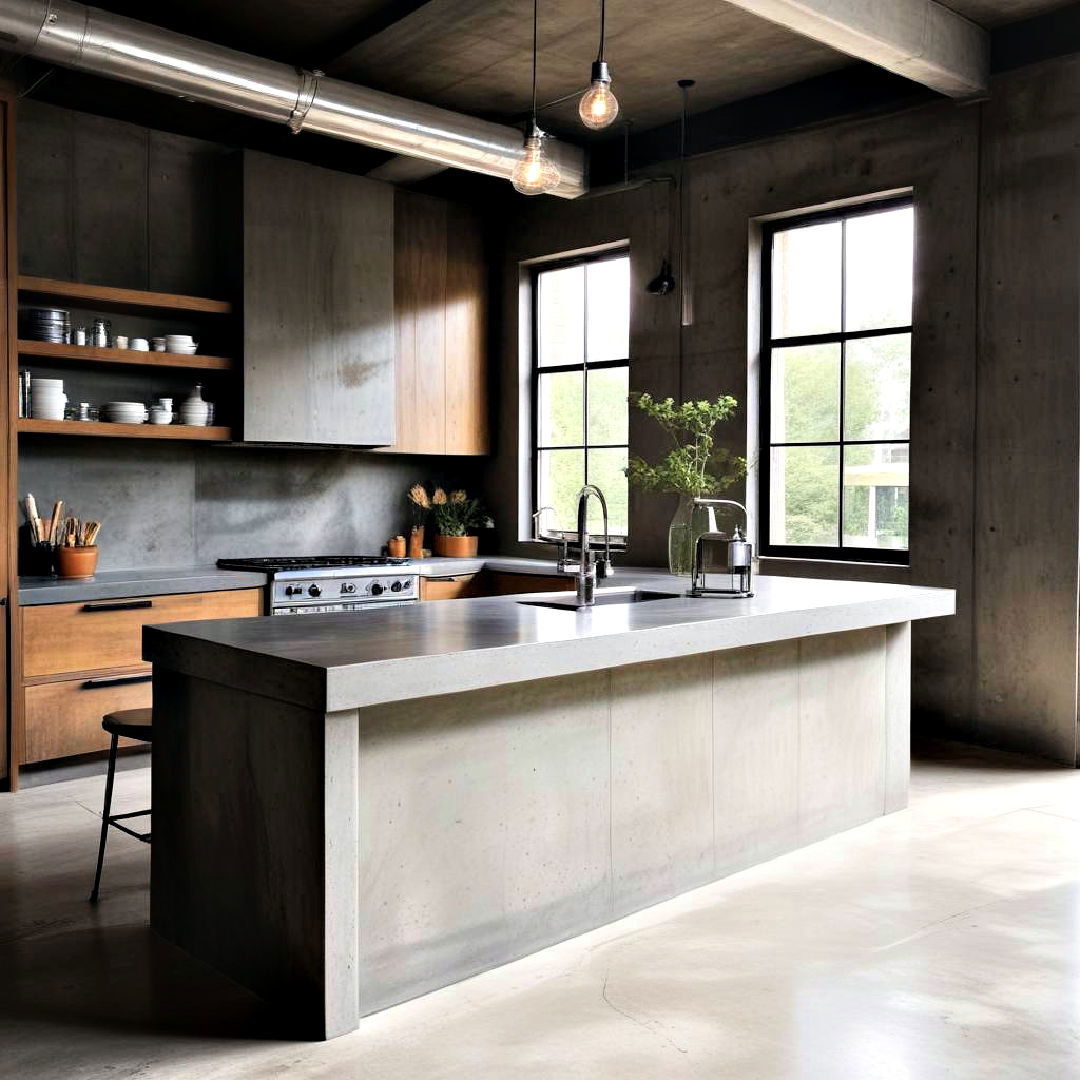 industrial look concrete waterfall kitchen island - 15 Waterfall Kitchen Island Ideas