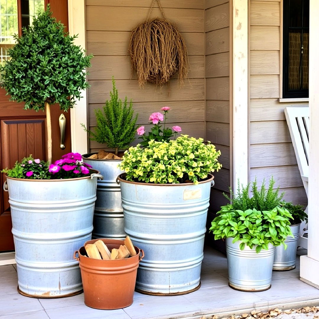 industrial look galvanized metal buckets - 25 Rustic Front Porch Ideas