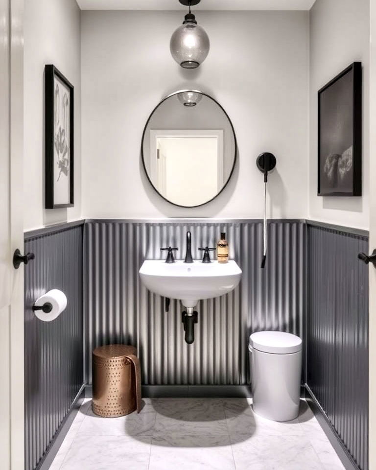 industrial metal wainscoting for urban aesthetic - 25 Powder Room Wainscoting Ideas