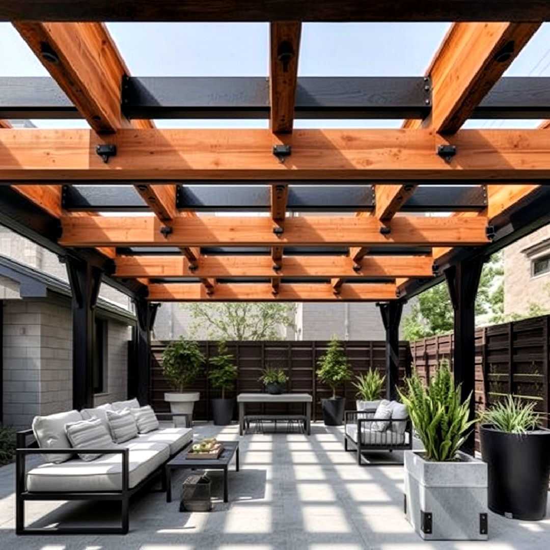 industrial pergola with exposed beams and metal accents - 40 Patio With a Pergola Ideas