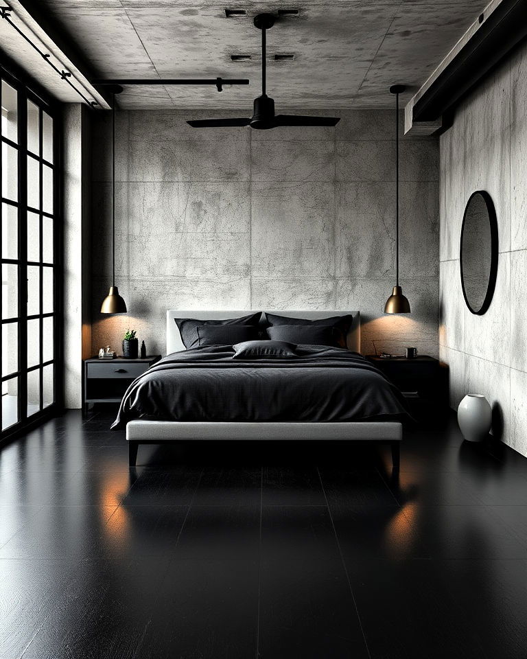industrial style bedroom with black floor - 20 Black Floor Bedroom Ideas
