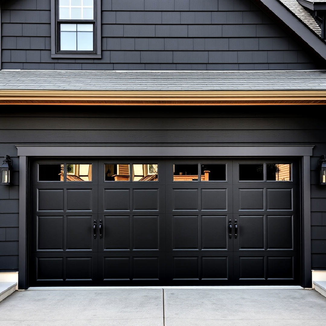 industrial style black garage doors - 40 Black Modern Farmhouse Exterior Design Ideas