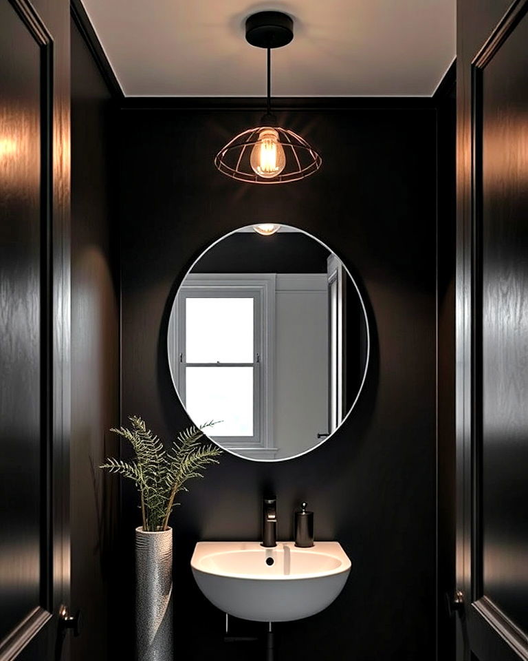 industrial style black lighting fixtures - 25 Black Powder Room Ideas