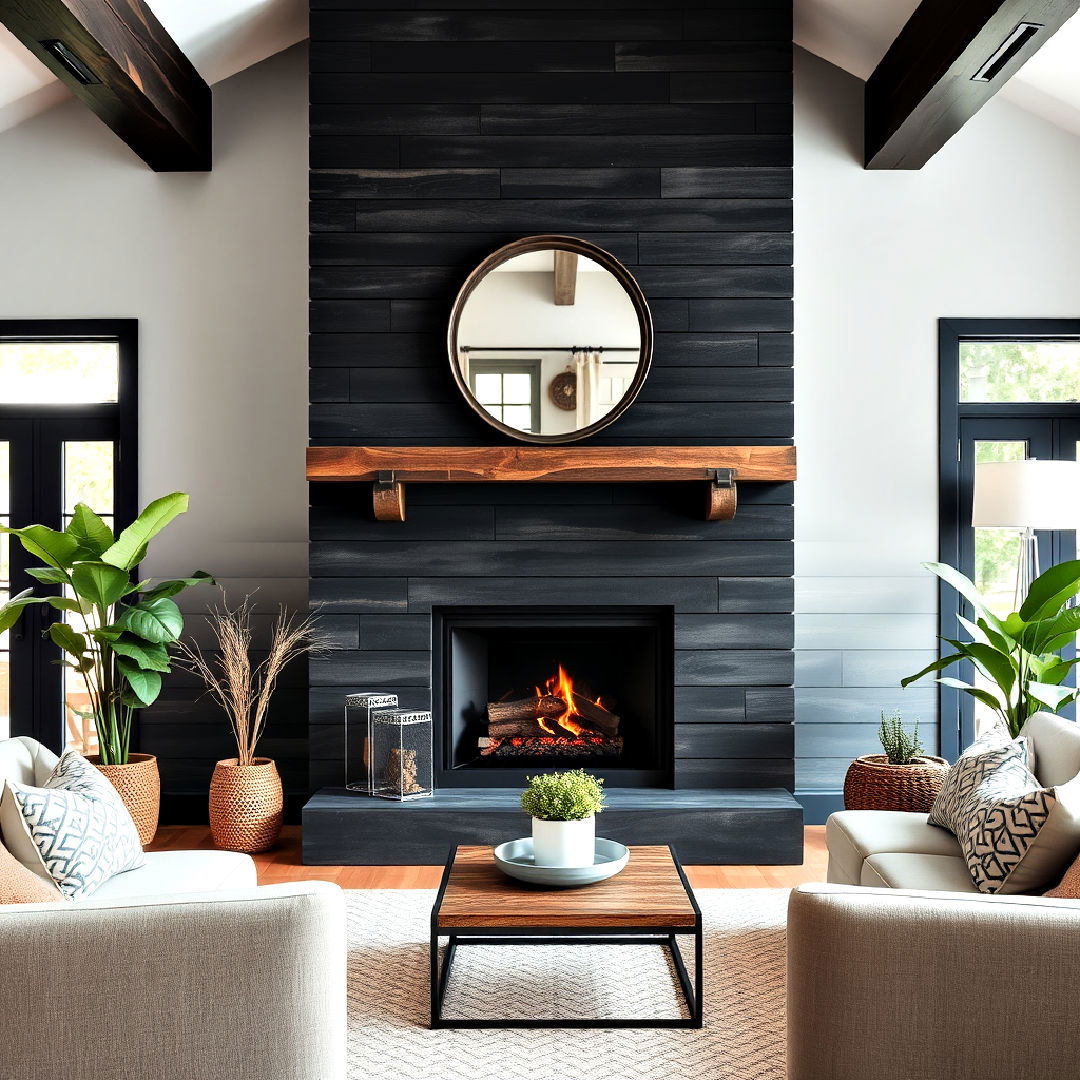 industrial style black shiplap fireplace - 40 Black Shiplap Fireplace Ideas