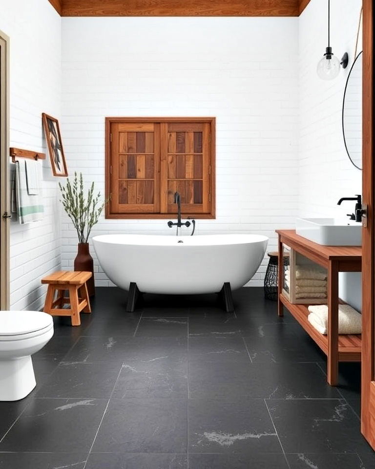 industrial style black slate flooring - 20 Black Floor Bathroom With White Walls Ideas