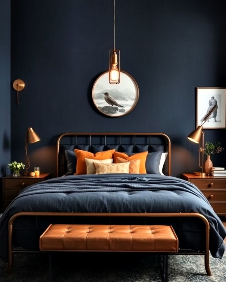 industrial style dark blue bedroom - 30 Dark Blue Bedroom Ideas