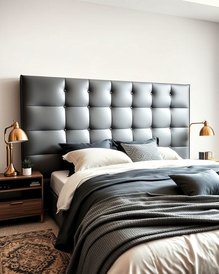 industrial style grey leather upholstered headboard - 25 Grey Headboard Bedroom Ideas