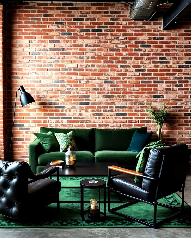 industrial style living room in black and green - 30 Black and Green Living Room Ideas