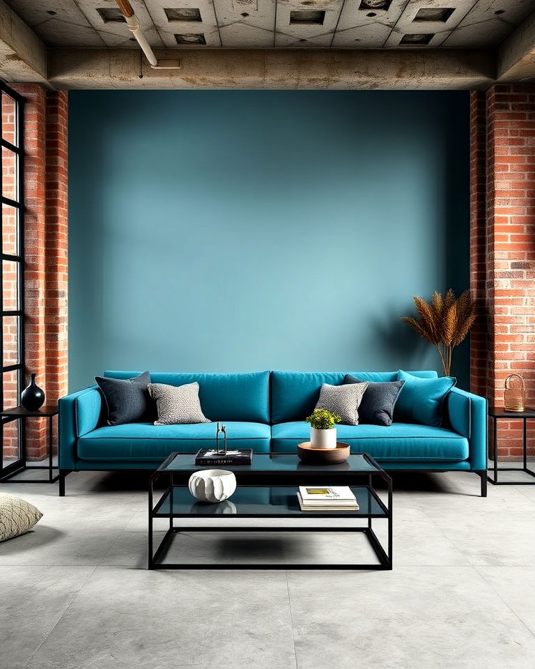 industrial style living room with teal couch - 20 Teal Couch Living Room Ideas