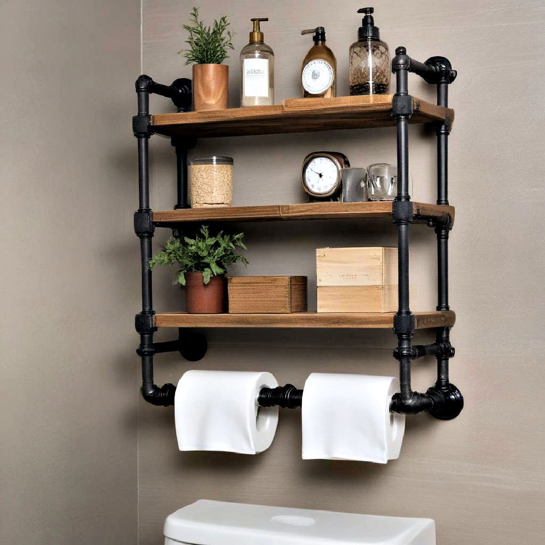 industrial style pipe shelving - 25 Over Toilet Storage Ideas