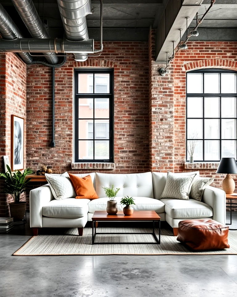 industrial style white couch living room - 30 White Couch Living Room Ideas