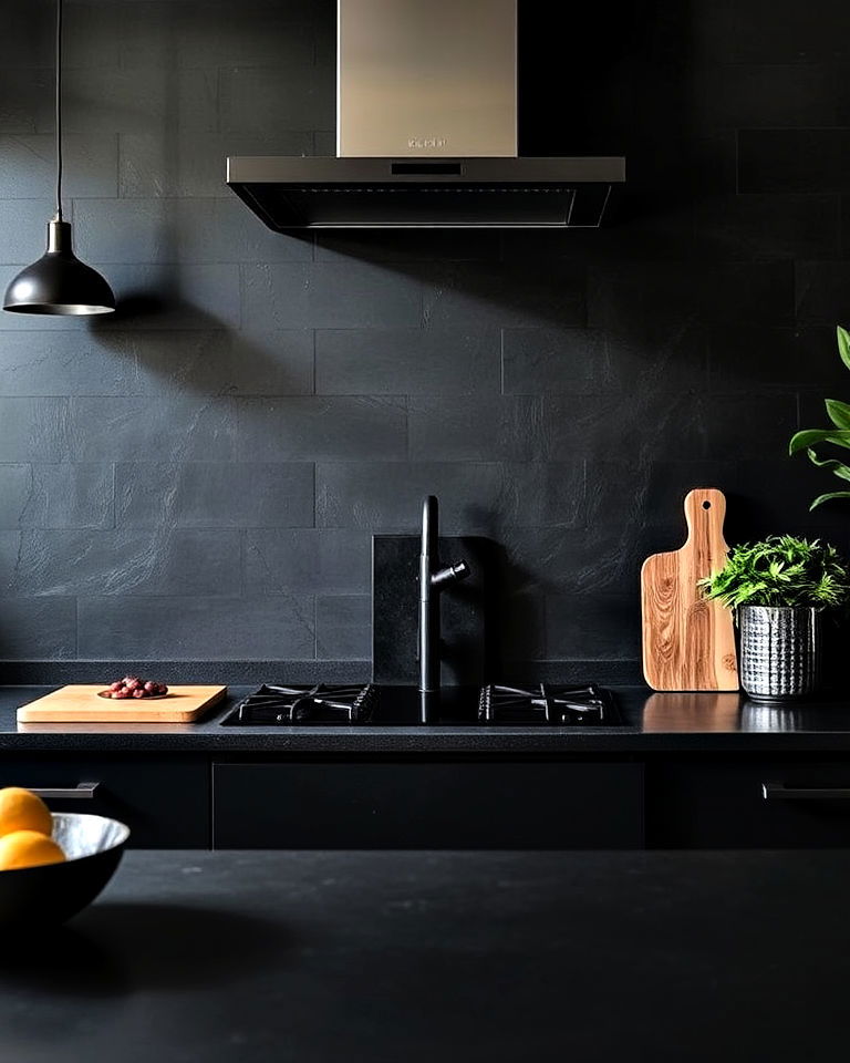 industrial vibe black concrete backsplash - 30 Kitchen With Black Backsplash