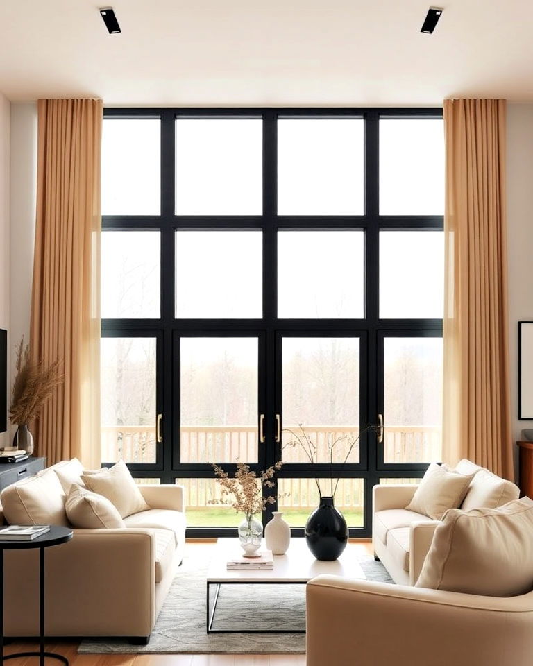 industrial vibe black window frames and beige drapes - 30 Black and Beige Living Room Ideas