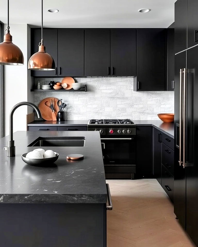 industrial vibe concrete countertops - 25 Dark Kitchen Ideas