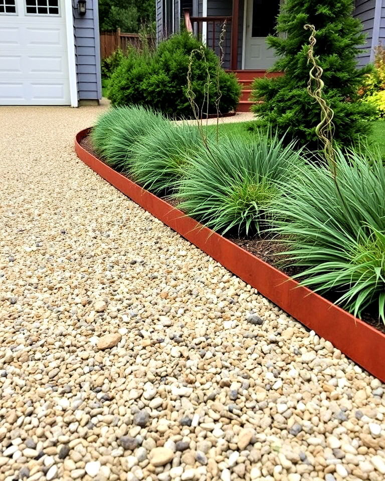 industrial vibe corten steel edging - 25 Gravel Driveway Edging Ideas